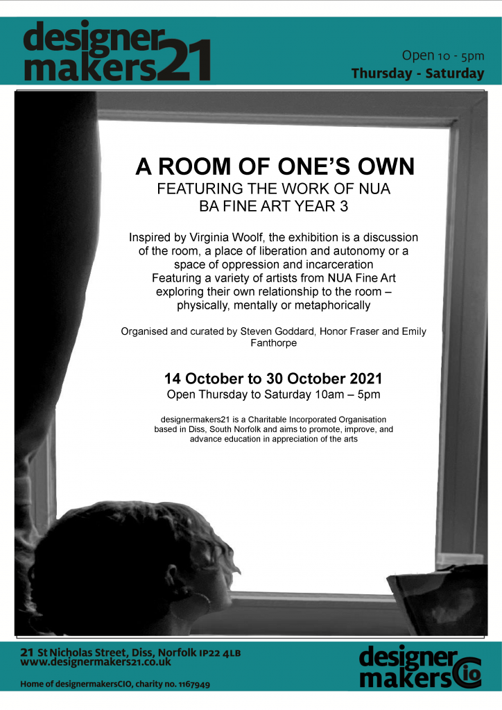 exhibition poster for 'A Room of One's Own' Fine Art student exhibition at designermakers21 14th-30th Nov 2021